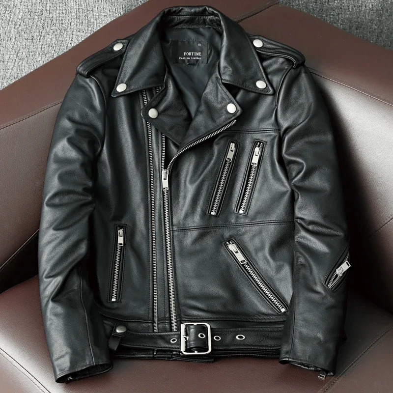 2025 New Genuine Cow Leather Jacket Men Autumn Winter Male Coats Diagonal zipper and Multi Pocket slim Motorcycle Clothing