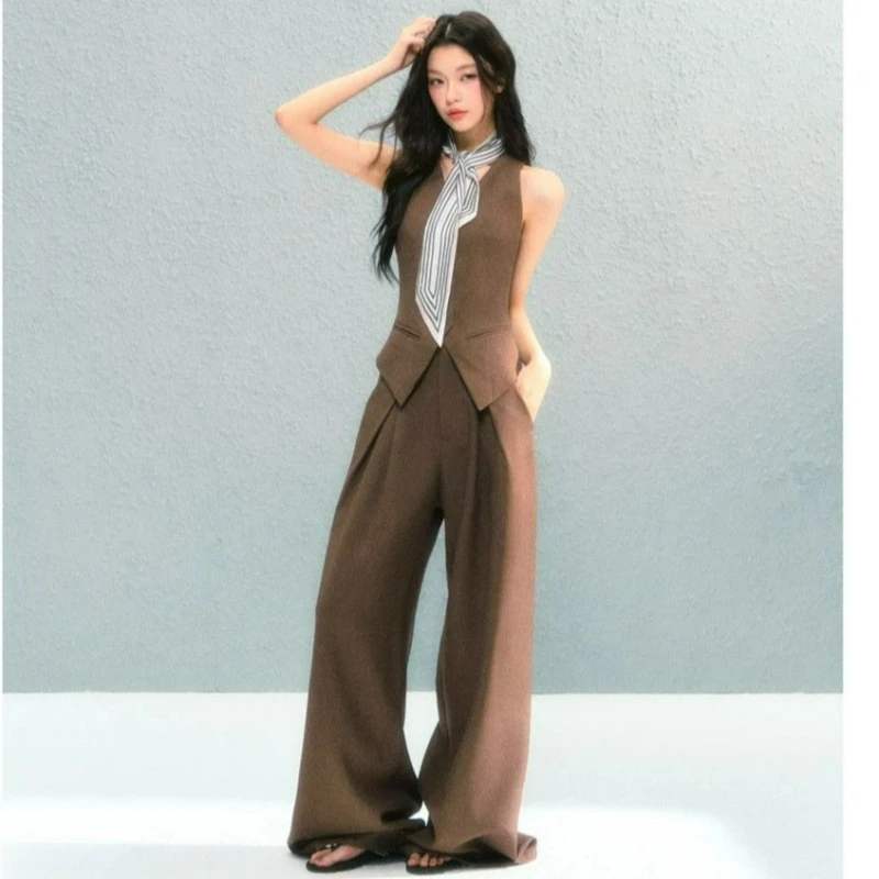 

Autumn New Fashionable Elegant Short Skirt Jacket Three-piece Set American Retro Coats V-neck Vest Wide-leg Pants Set for Women