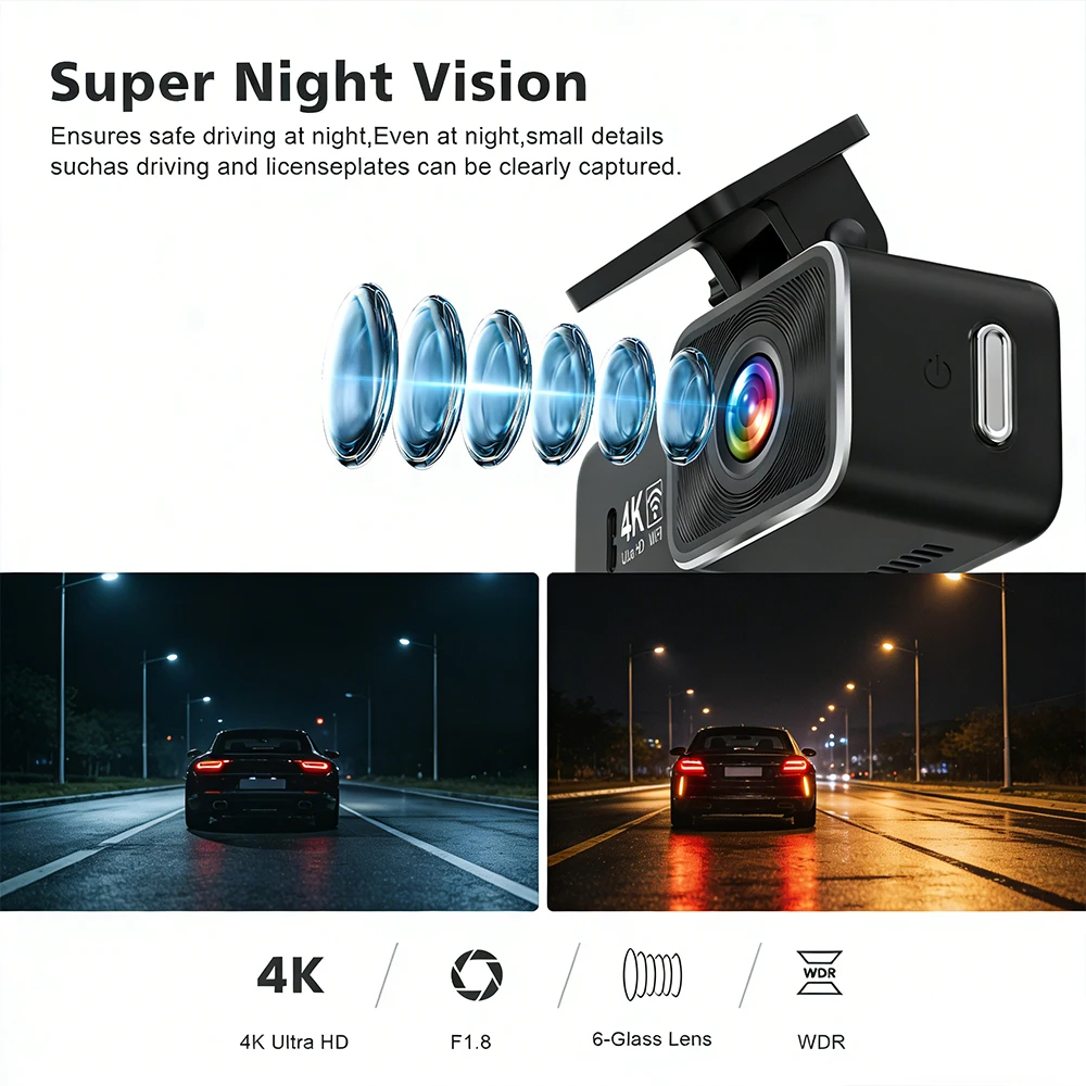 ACCEO 4K Ultra HD كاميرا سيارة ذكية واي فاي للرؤية الليلية 1080P كاميرا الرؤية الخلفية طقم سلك الصلب دعم وضع وقوف السيارات على مدار 24 ساعة