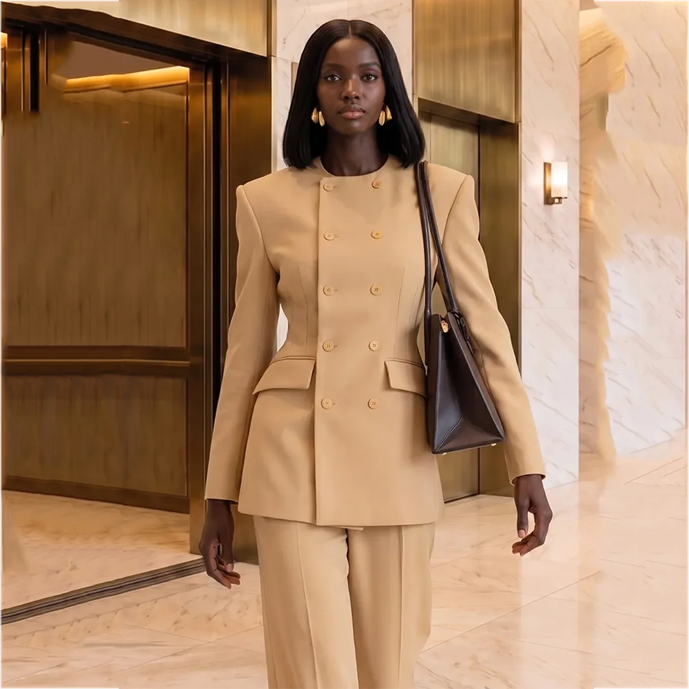 Stylish Women's Suits Double Breasted 2 Pieces Jacket Pants O-Neck Elegant Slim Fitted Formal Outfit For Office Lady Daily Party