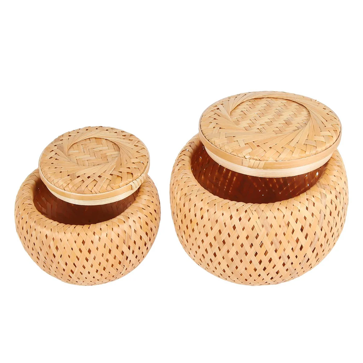 Set of 2 Small Decorative Bamboo Baskets with Lid for Storing Small Items Handmade and Braided Bamboo Storage Box