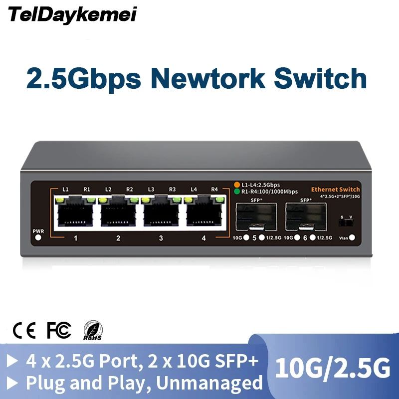 

2.5Gbps Ethernet Switch 4 Port 2500Mbps Network Switcher 2 Port 10G SFP+ Slot Home Lab Hub Internet Splitter Plug and Play