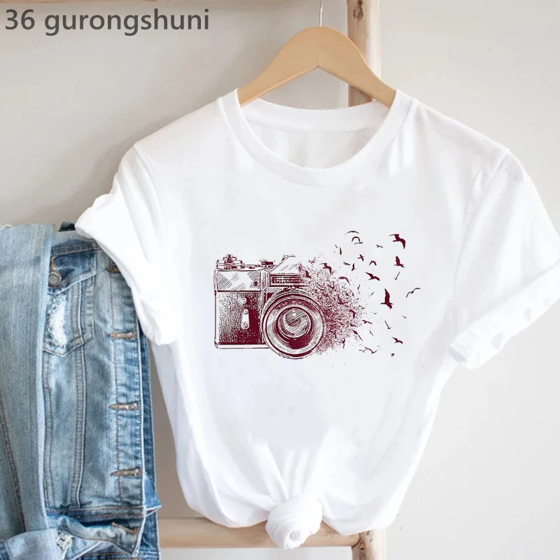 

Vintage T-Shirt Women Camera Bird Tshirt Femme Summer Fashion Short Sleeve T Shirt Female Casual Hipster Tshirt Female Tops