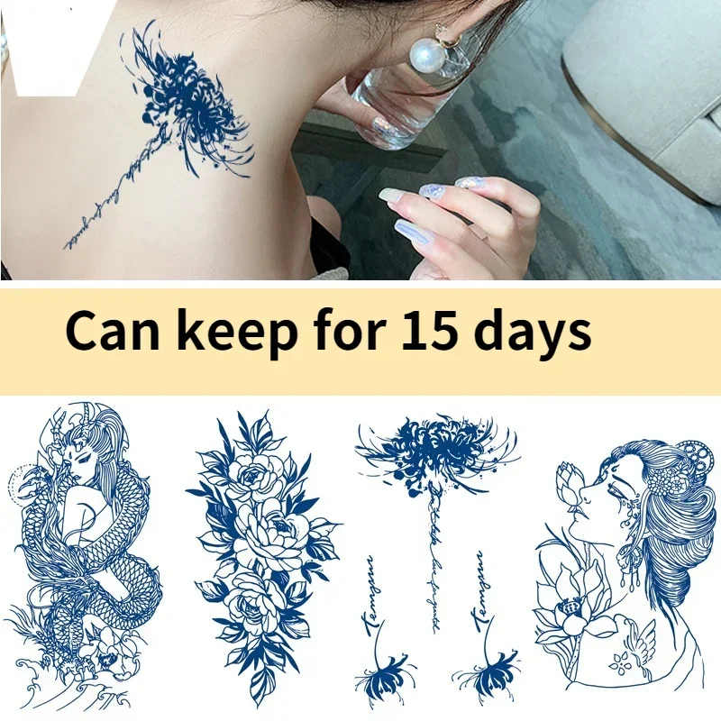 Tattoo Sticker Women Flower Rose Peony Blue Shoulder Fake Feminine Temporary Sleeve Tatto Waterproof Sexy Body Art Fashion