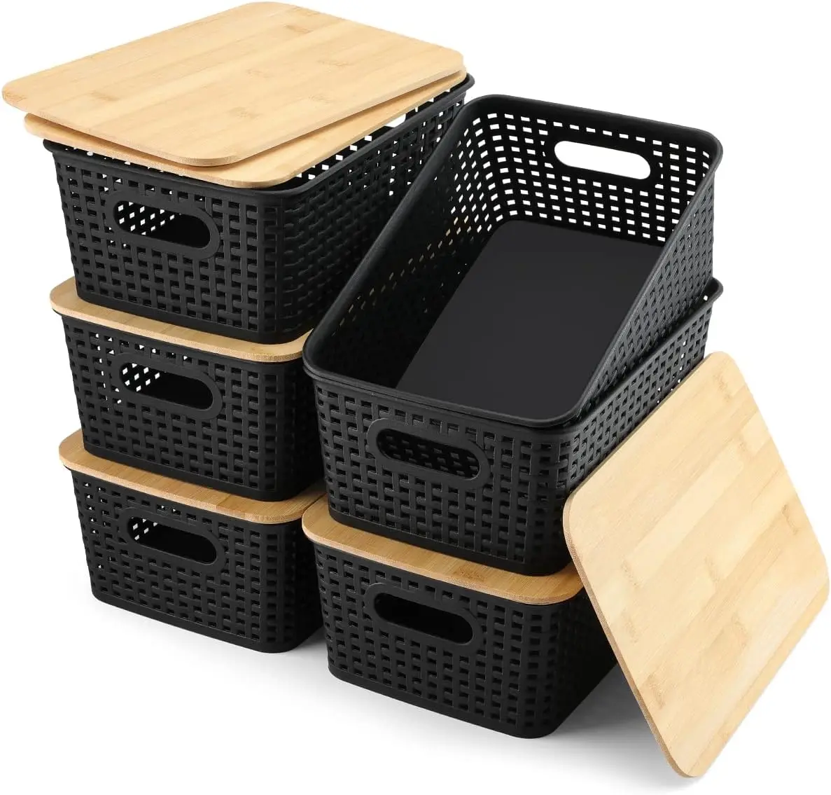 

Storage Bins with Bamboo Lids Set of 6 Lidded Storage Container Plastic Baskets Organizer Bins Sturdy(Black)