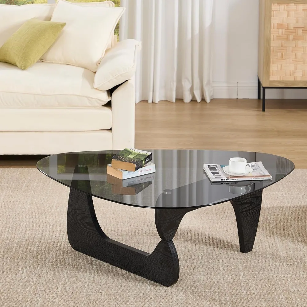 

Black Glass Coffee Table, 44.5" Triangle Center Table with Solid Wood Base Abstract Contemporary Coffee Table for Living Room Of