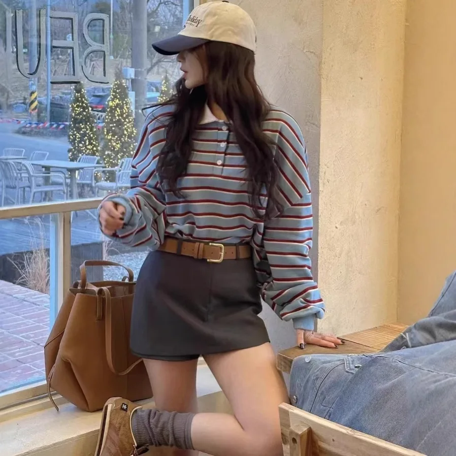 AW Spring Autumn Lazy Style Women Striped Polo Sweatshirt Color Contrast Collar Button Long Sleeve Loose Casual Pullover Tops