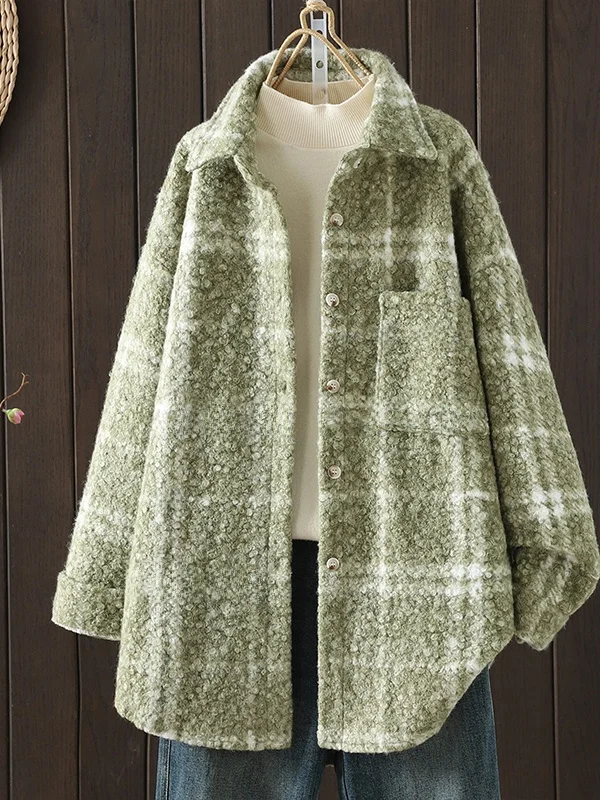 

Korean Sle Casual Versatile Slimming Loose Plaid irt Women's Thiened Woolen Coat Autumn Winter Collar Single Button