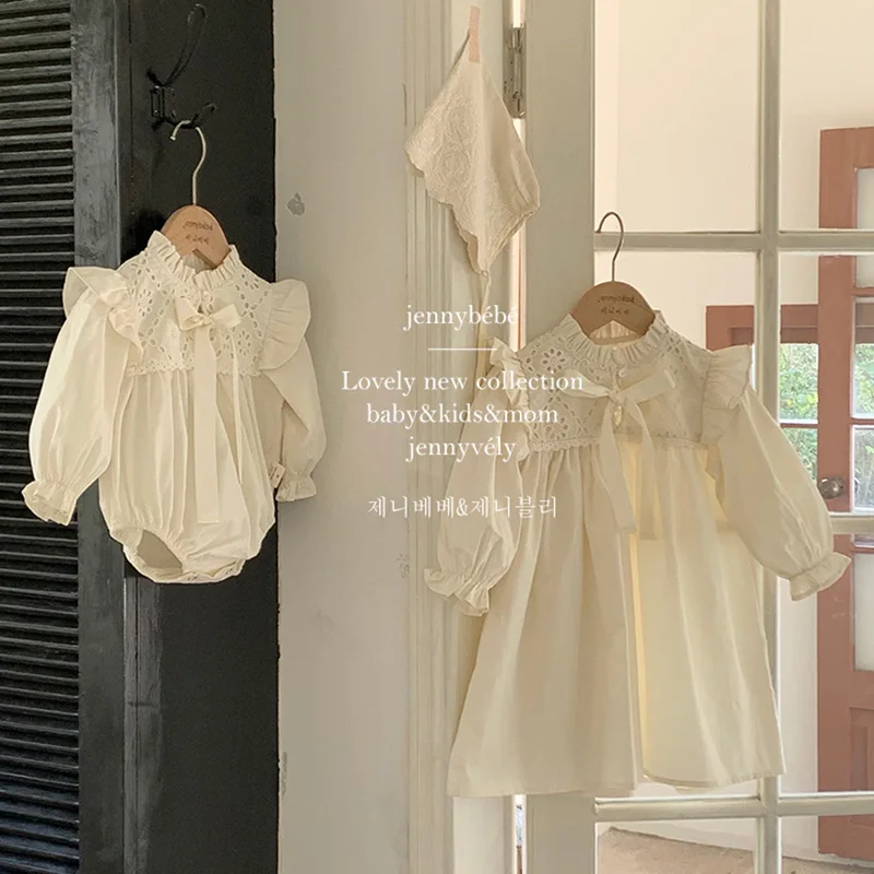 2024 New Spring Sisters Clothes Kids Party Dress Girls Princess Dress Long Sleeved Cotton Lace Splicing Toddler Baby Bodysuits