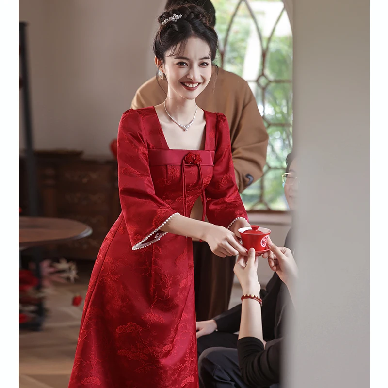 

Wine Red Wedding Dr for Bride Matching Banquet Evening Gown Mid-Length U-Neline Slim-Fit Korean Sle New 2023
