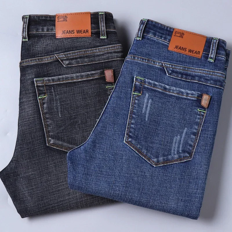 2025 hommes nouveau 28-40 hommes classiques pantalon droit affaires bleu noir jean élastique coupe ajustée décontracté travail pantalon