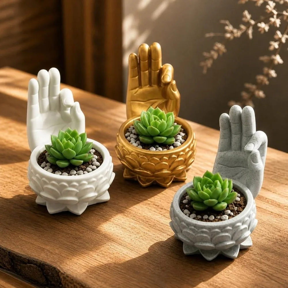 Portable 3D Printed Lotus Shaped Flower Pot Creative Ok Hand Succulent Planter Lightweight Funny Zen Plant Pot for Yard Garden