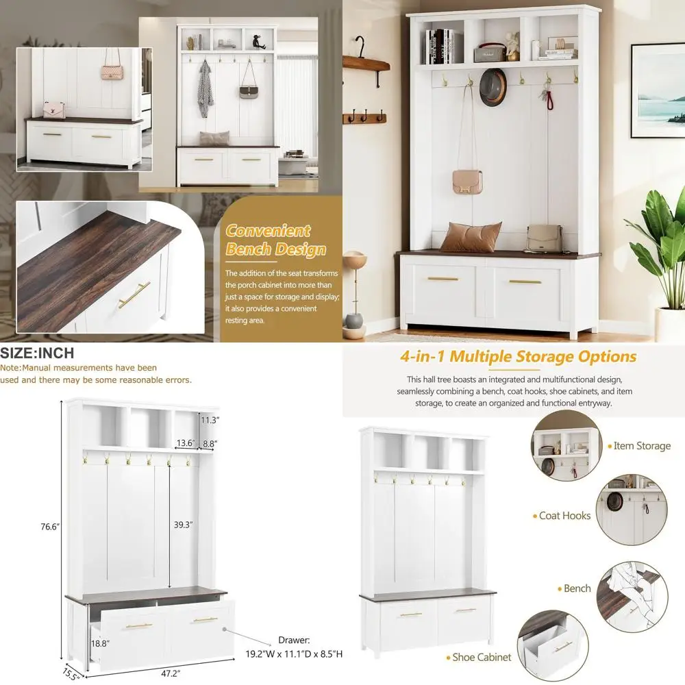 

ern 4-in-1 Storage Hall Tree with Bench, tile Multiple Space with 6 n Hooks, 2 Ders, Entryway Coat Rack or Living Room, Hallway,