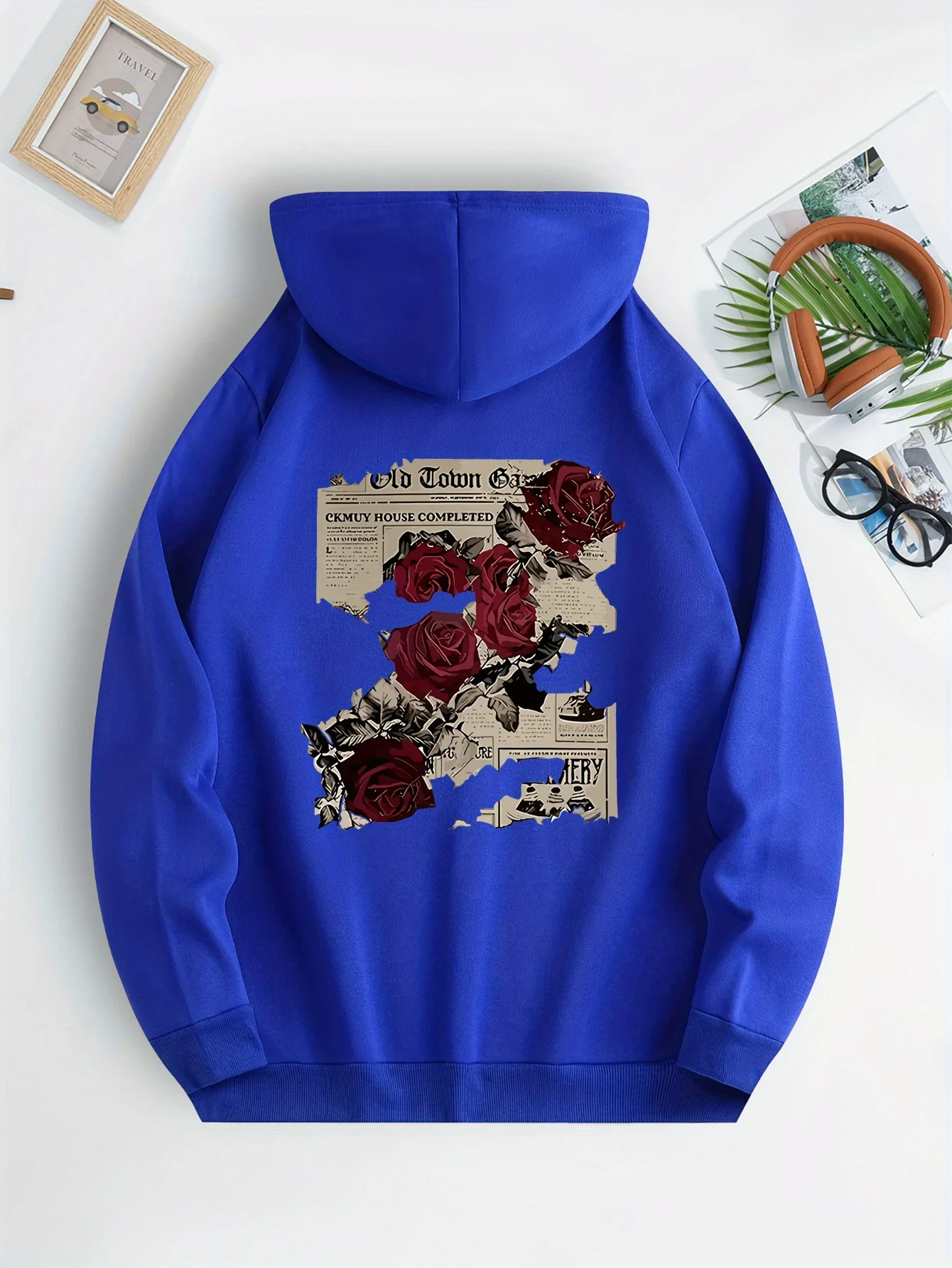 Retro distressed floral patchwork men's casual hooded shirt with rose pattern print. Loose, casual and comfortable hoodie shirt.