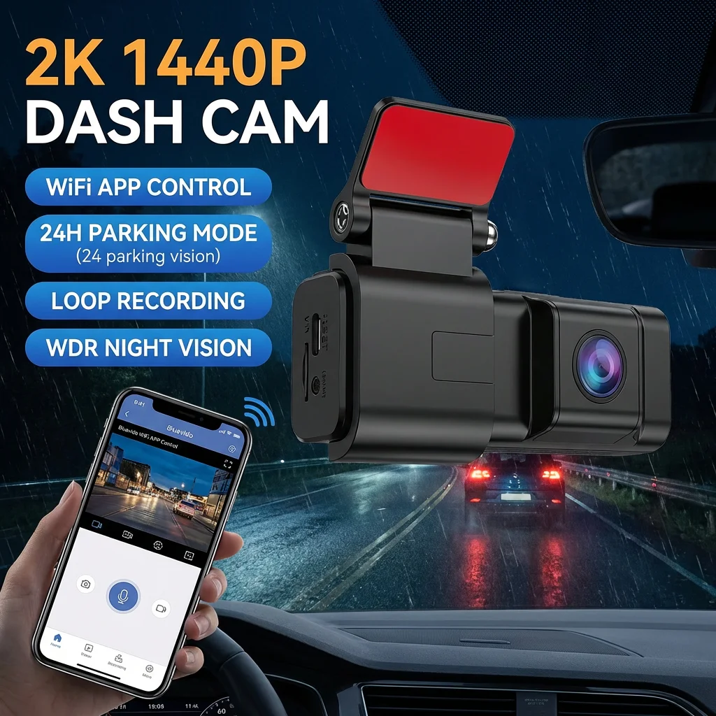 Bluavido 2K 1440P Dash Cam WiFi APP Control Support 24H Parking Mode Loop Recording Black Box WDR Night Vision Car Road Camera