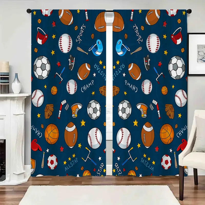 Sports Theme Curtains Blue Background Basketball Baseball Football Soccer Curtains Nursery Room Decor Athletic Game Day Window