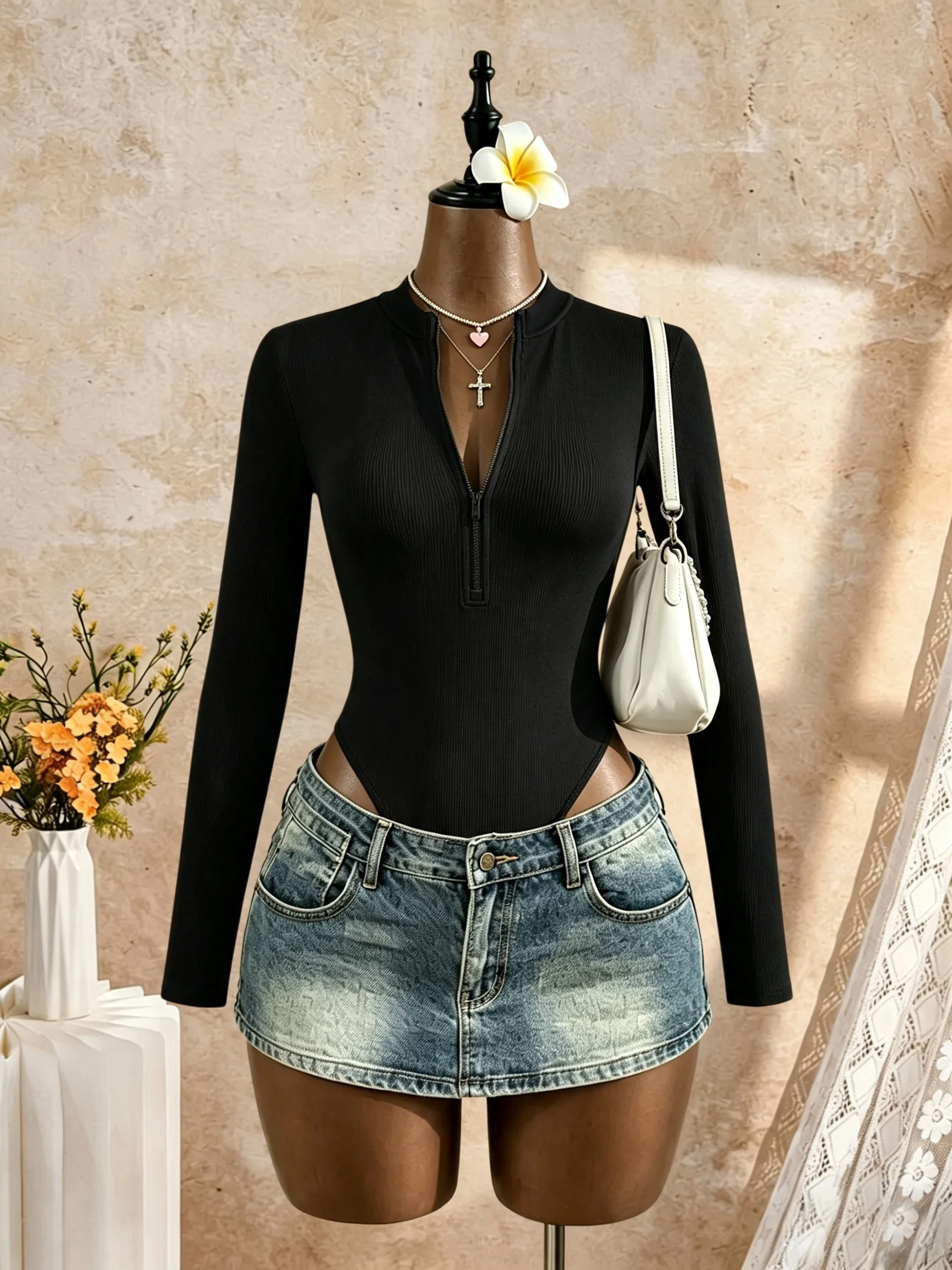 Damen Gerippter Halbzipper-Bodysuit Langarm Stehkragen Schlanke Passform Dehnbarer Jumpsuit Casual Alltagskleidung Ausgehmode Top – Detail 6
