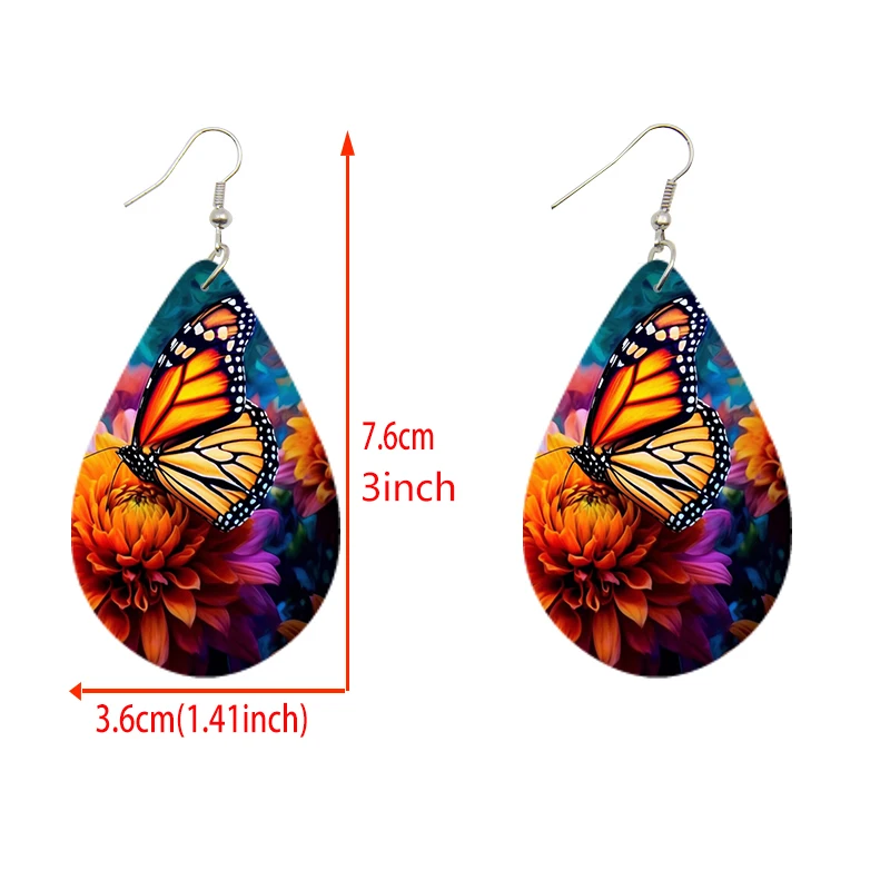 SOMESOOR Colorful Butterfly Earrings Wooden Dangle Jewelry For Kids With Waterdrop Shape & Fun Patterns Printing Female Gifts