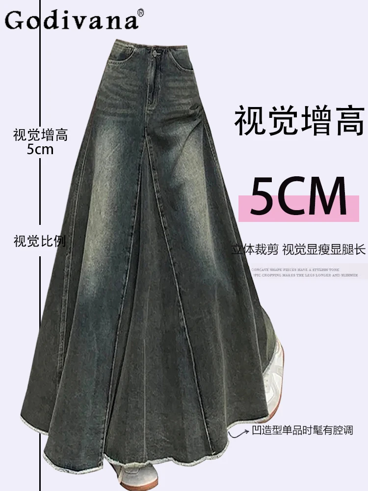 

Large Size Girl Retro American Rough Edge New High Waist A-line Denim Skirt Korean Solid Color Versatile Fashion Long Skirts