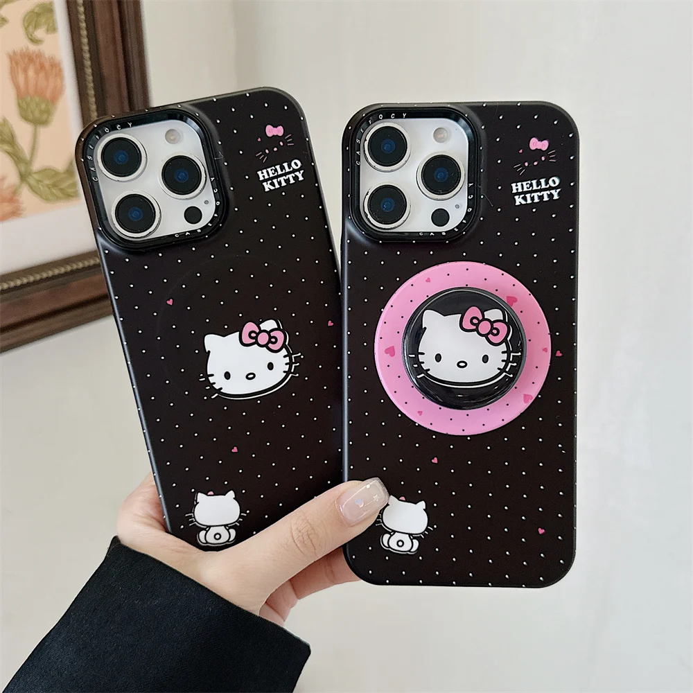 

Simple Black Polka Dot Magnetic Phone Case For iPhone 16 Pro 15 14 13 12 Pro Max Cover with HelloKitty Stand Holder for Magsafe