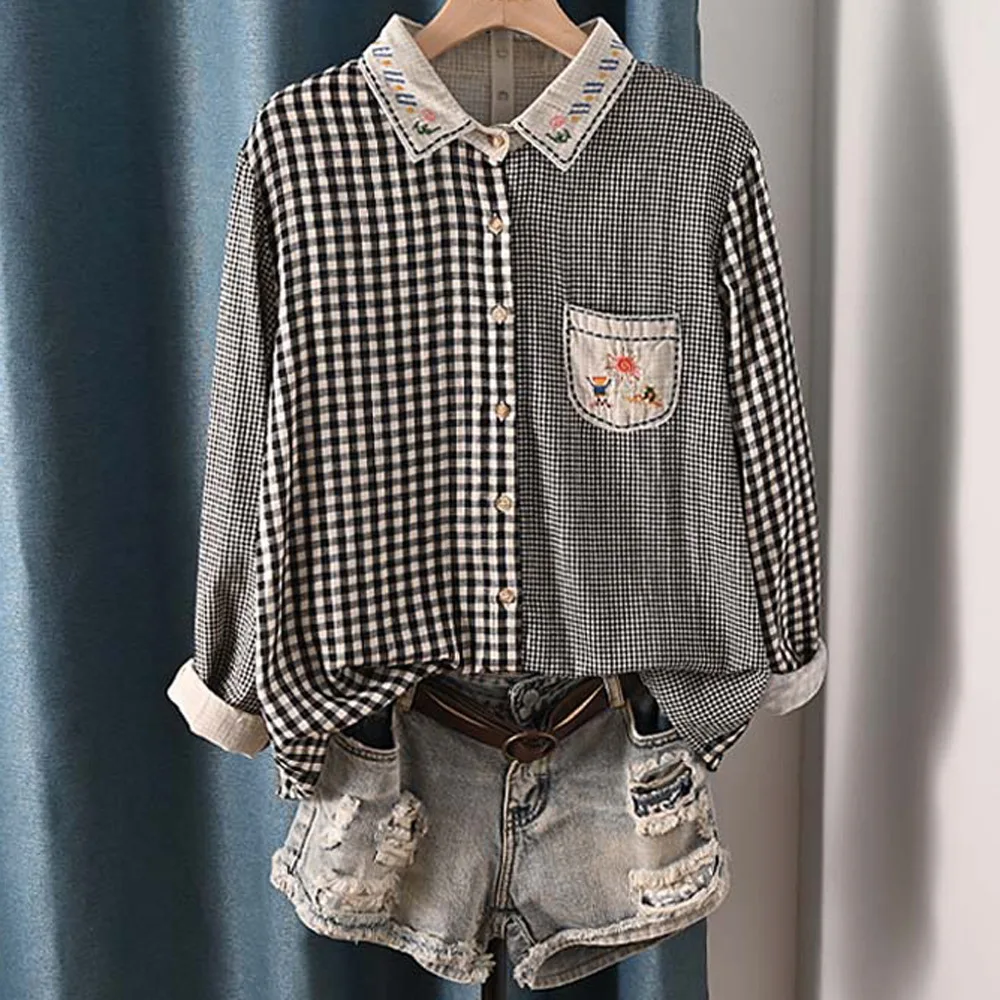 New Spring Cotton Plaid Shirt Women Lapel Long Sleeve Embroidery Commute Tops Girl Loose Versatile Blouses 2024 Autumn T45306QC