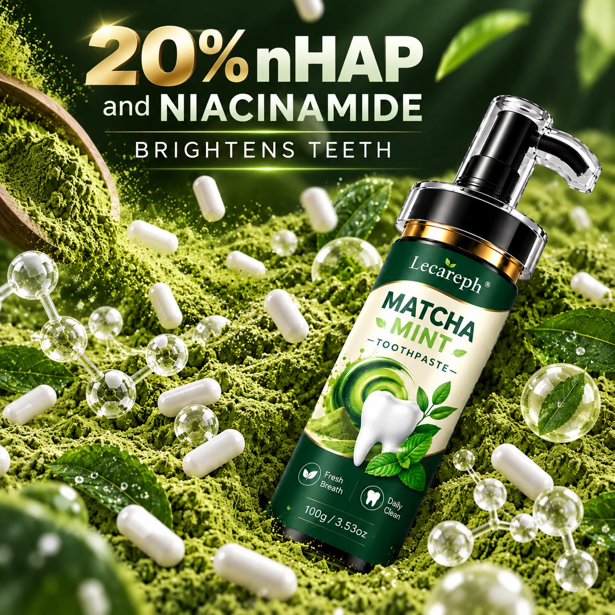 Matcha Mint Toothpaste 20% Hydroxyapatite Remineralization Niacinamide Whitens Teeth  Deep Clean Brighten Teeth Fluoride-Free