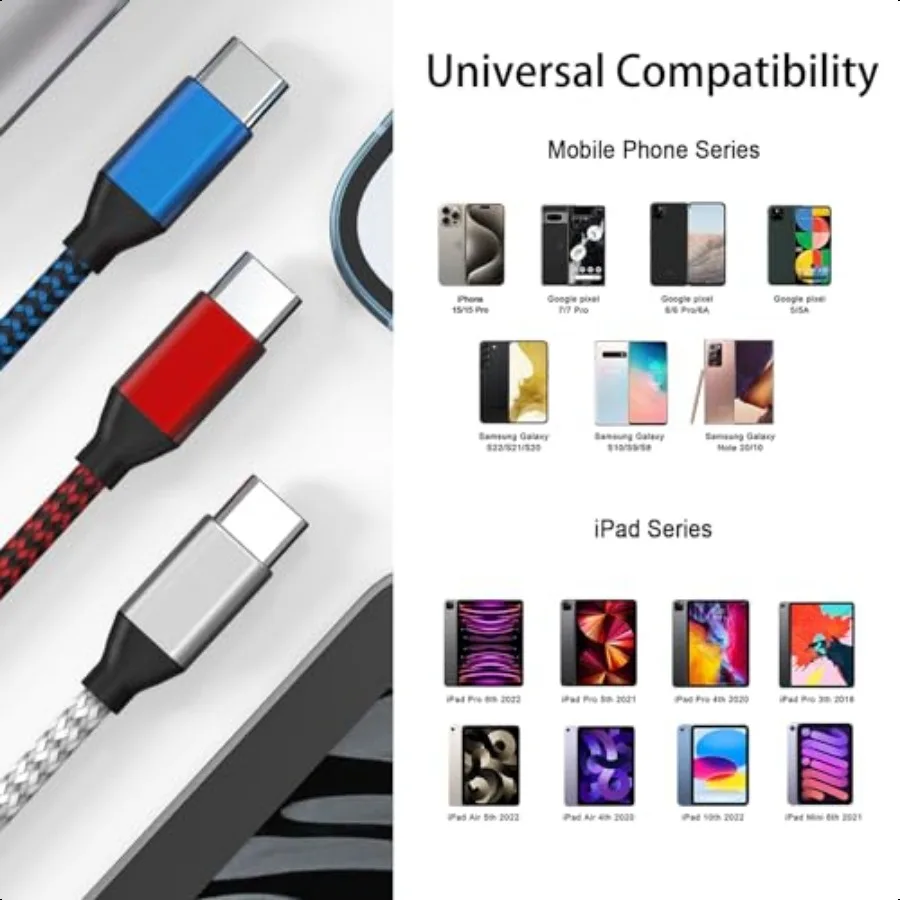 كابل USB C إلى USB C من النايلون المضفر 60 وات 3 3 6 10 قدم USB نوع C كابل شحن سريع لهاتف iPhone 16 16 Plus 16 Pro Max 15 15 Plus