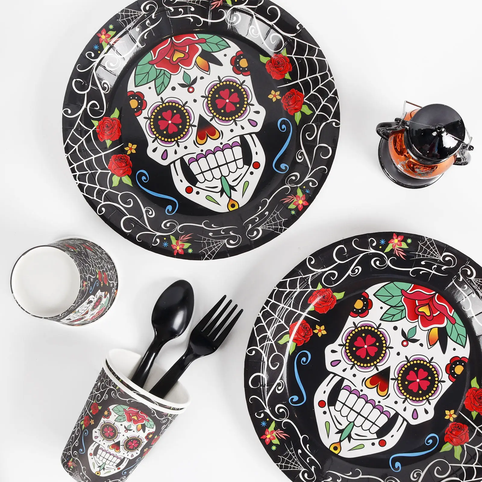 The Day of the Dead Party Supplies Disposable Paper Plate, Paper Cup, Tissue Set, Flower Skull Halloween Utensils