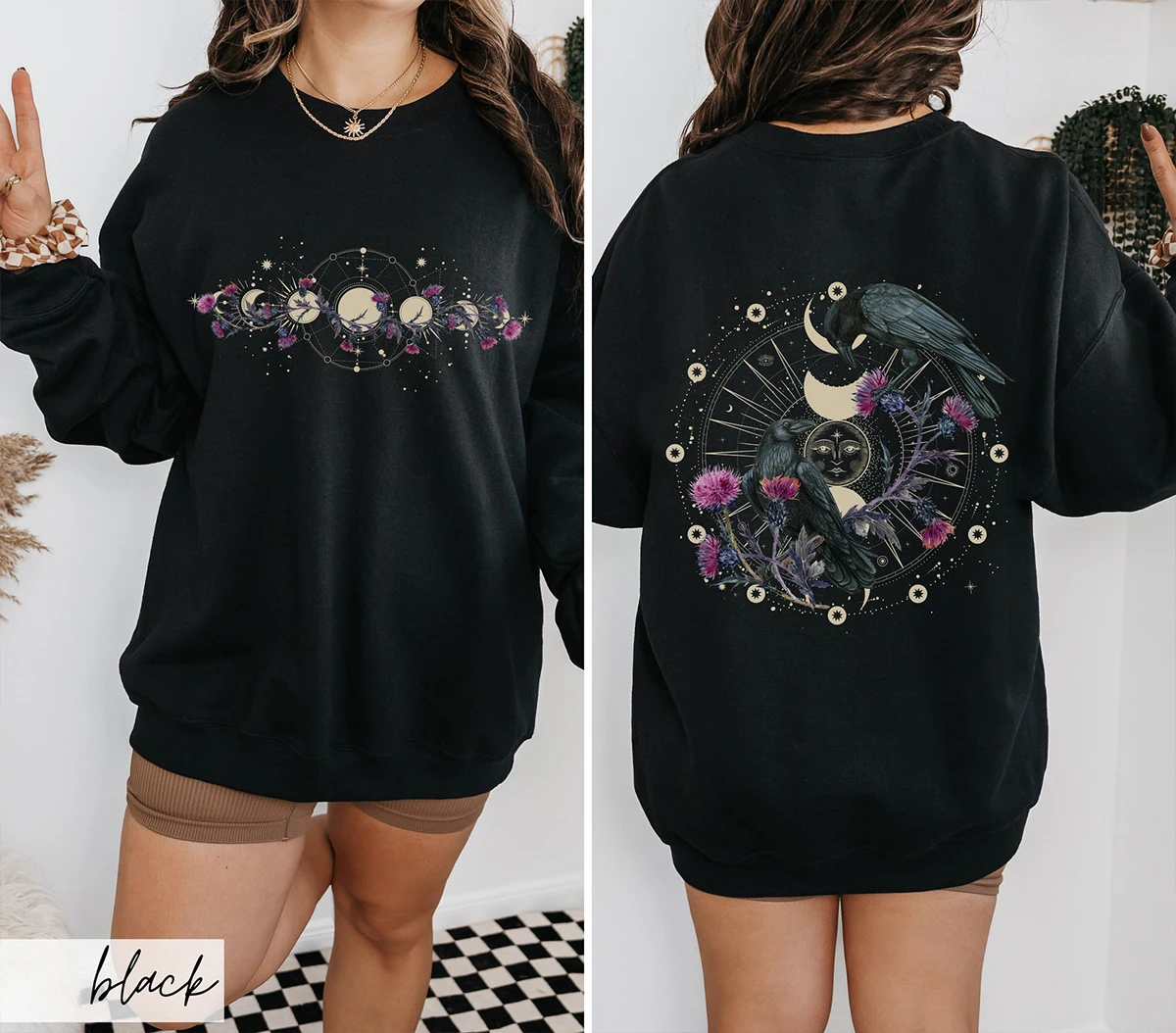 Moon Phase Whimsigoth Sweatshirt  Vintage Celestial Ravens and Thistle Crewneck Sweater Unisex Y2K Loose Dark Academia Pullovers