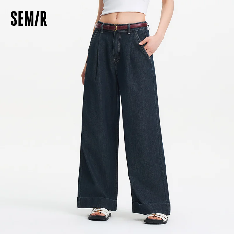 

Semir Jeans Women Semi Elastic Waist Wide Leg 2025 New Summer Cotton Belted Long Pants