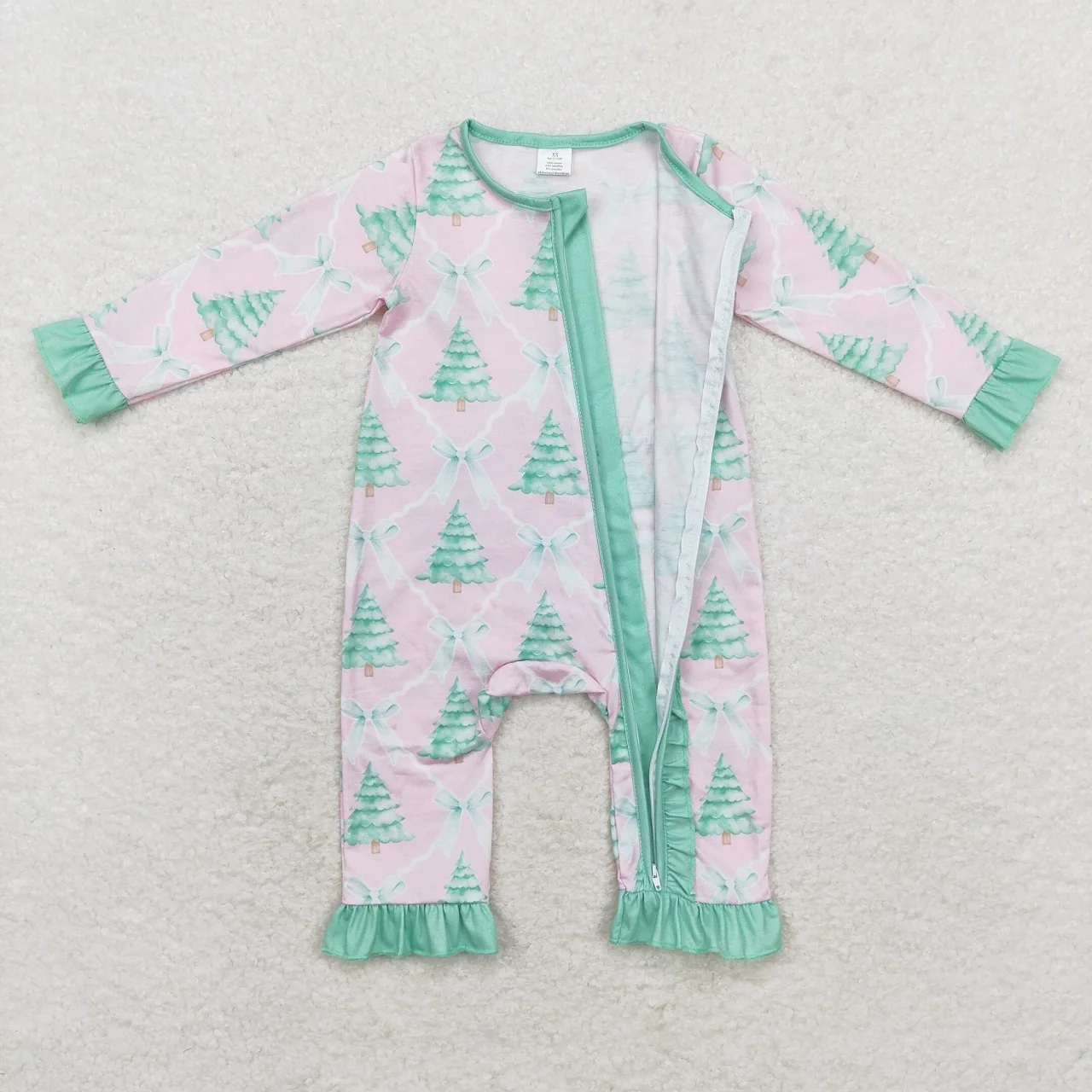 Wholesale Newborn Toddler Romper Baby Girl Christmas Tree One Piece Kids Children Long Sleeves Infant Zipper Ruffle Jumpsuit