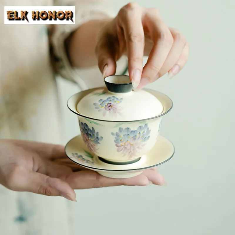 160ML Creative Hand Drawn Wisteria Pollen Gaiwan Retro Female Hand Grasping Bowl Tea Tureen Tea Maker Cover Bowl Drinkware Craft