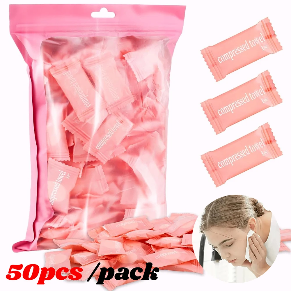 50 Toallas Comprimidas Desechables Portátiles de Algodón Absorbente para Viajes al Aire Libre, Campismo y Maquillaje