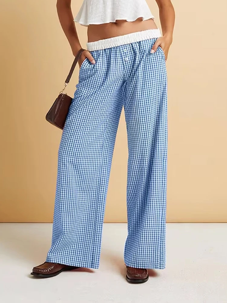 

Women Loose Plaid Trousers European American Style Straight Wide Leg Pants Casual Button Plaid Pants Retro Lady Trousers