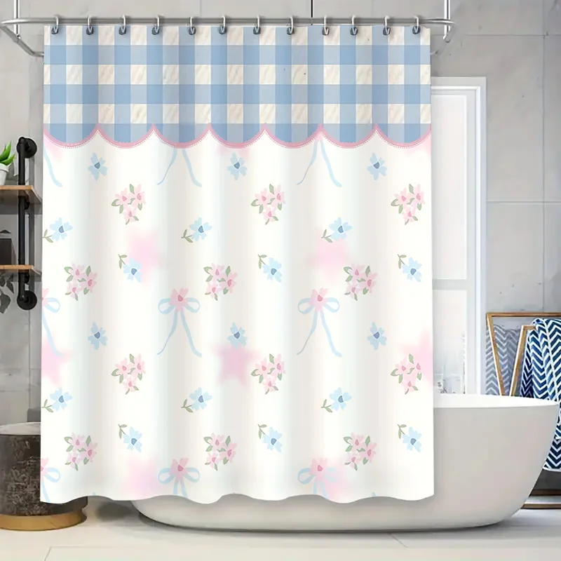 

Очаровательная пастельная занавеска для душа с цветочным принтом, синие полосы, детали с бантом, уютный очаровательный декор для ванной комнаты, мягкость, элегантность, повышение места