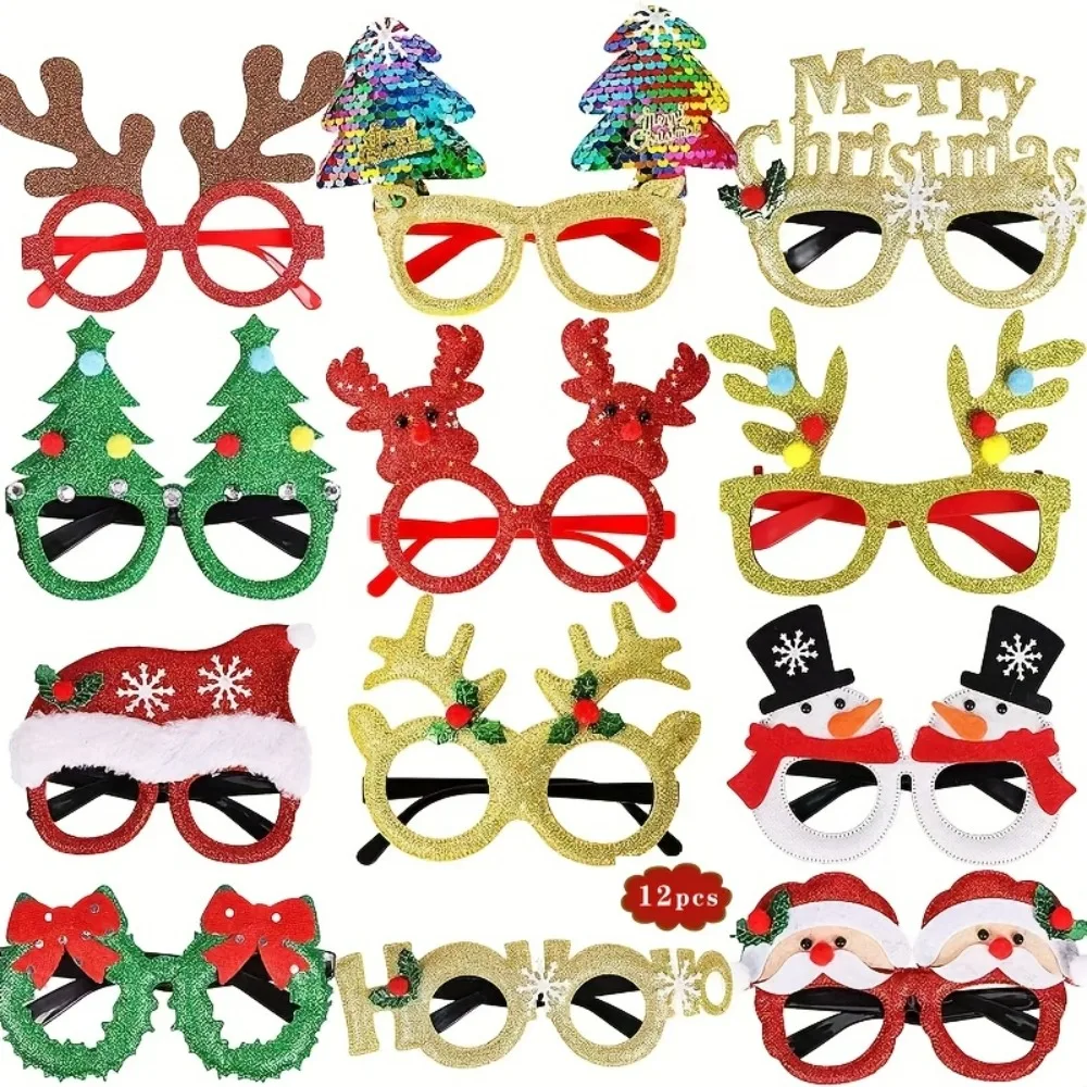 Juego de gafas para fiesta de Navidad, 12 Uds., con 12 estilos únicos, coloridas gafas navideñas con astas de reno, sombreros de Papá Noel, copos de nieve