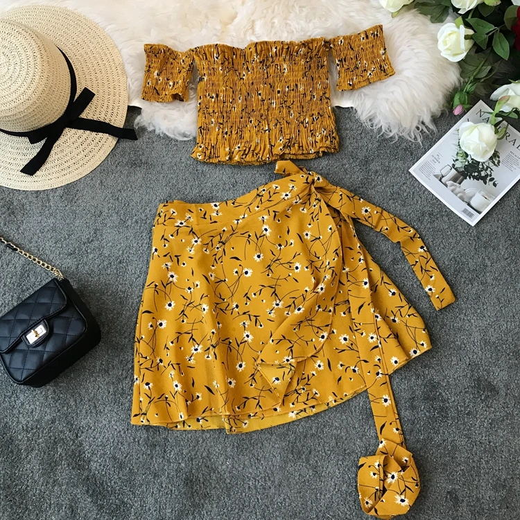 Summer Floral 2 Piece Sets Outfits Sexy Slash Neck Off Shoulder Shirt Crop Top&High Waist Mini Skirt Small Girl 2pc Dress Suits