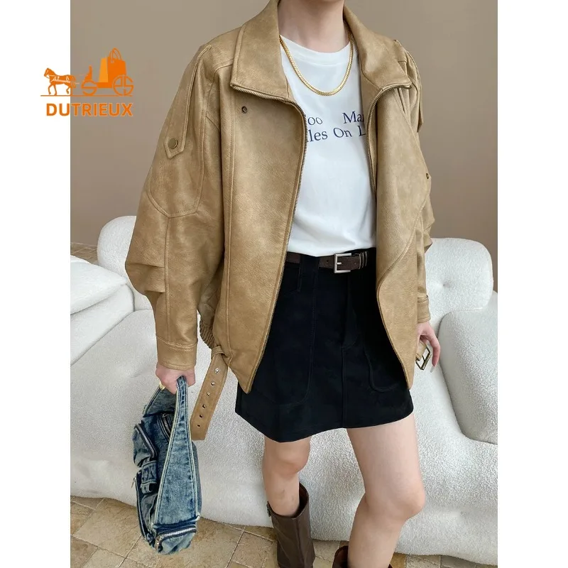 2025 New Spring Autumn Women's Distressed Mid-Length Genuine Leather Jacket, 100% Genuine Sheepskin, Fashionable Coat for Woman
