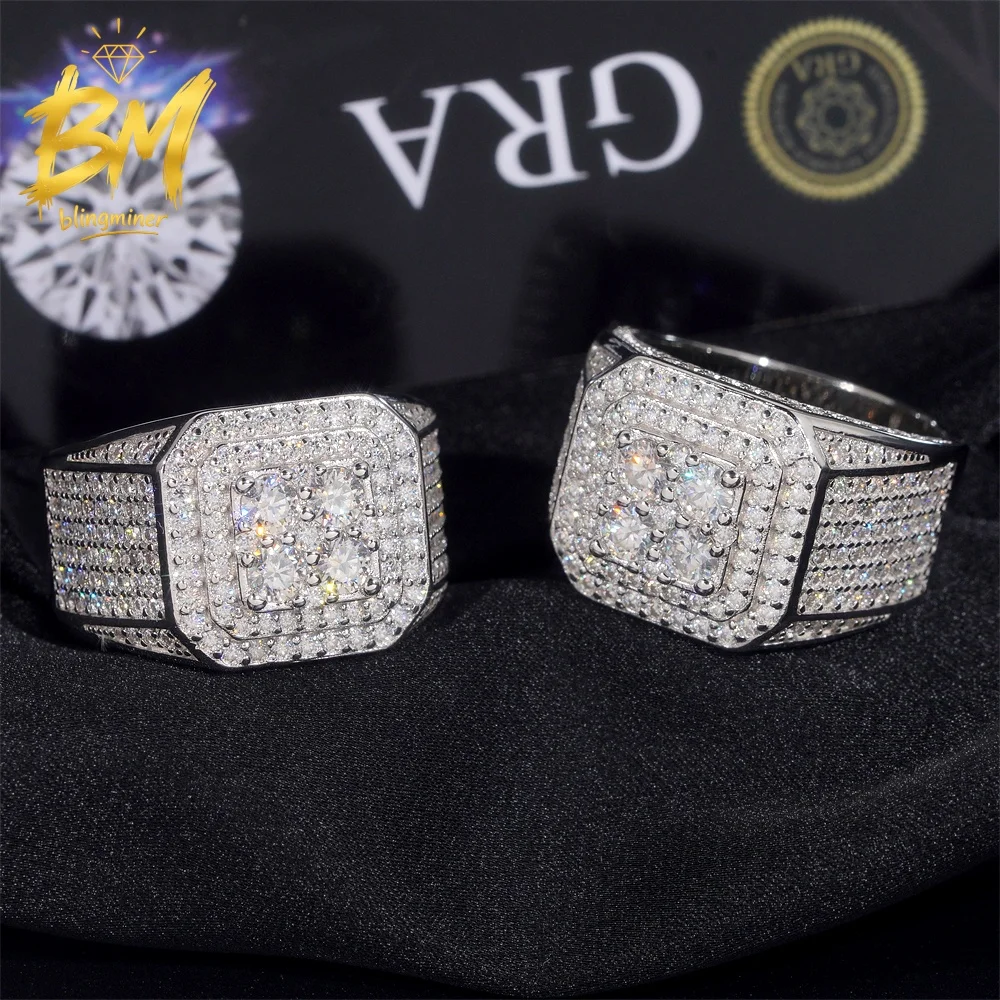 Blingminer Iced Oute VVS Moissanite Rings For Men Women S925 Silver Finger Jewelry Pass Diamonds Tester GRA Free Shipping
