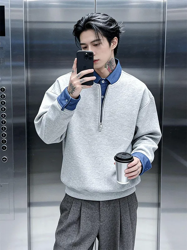 

Мужская толстовка на молнии с воротником-стойкой в американском ретро-стиле, осенне-зимняя, утепленная, свободного кроя, повседневная, с эффектом двухслойности