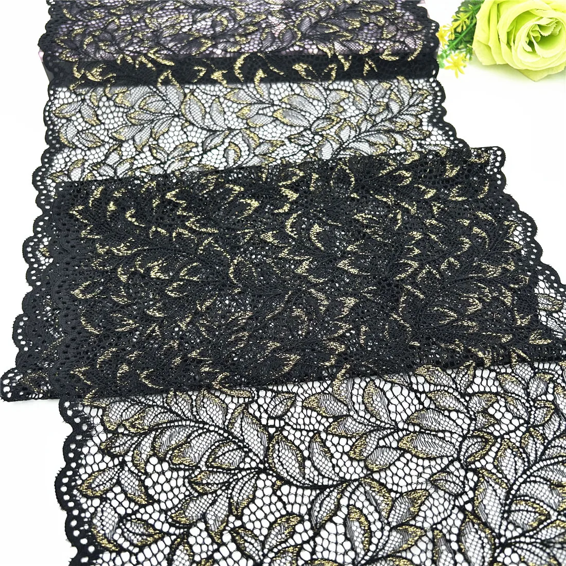 3y/lot Width 23cm Black With Golden Foil Elastic Lace Trim Lingerie Sewing Craft DIY Apparel Fabric Lace Dress Garment Accessory