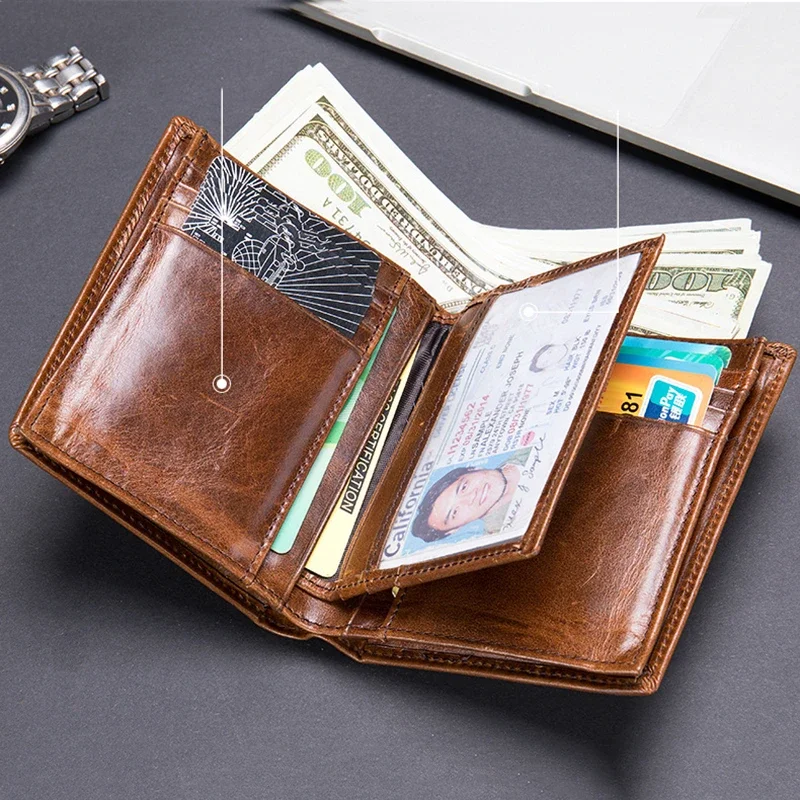 Men's Cowhide RFID Genuine Leather Short Top Layer Card Holder Small Bag Business Bank ID Cash Purse Gifts Black Brown Wallet