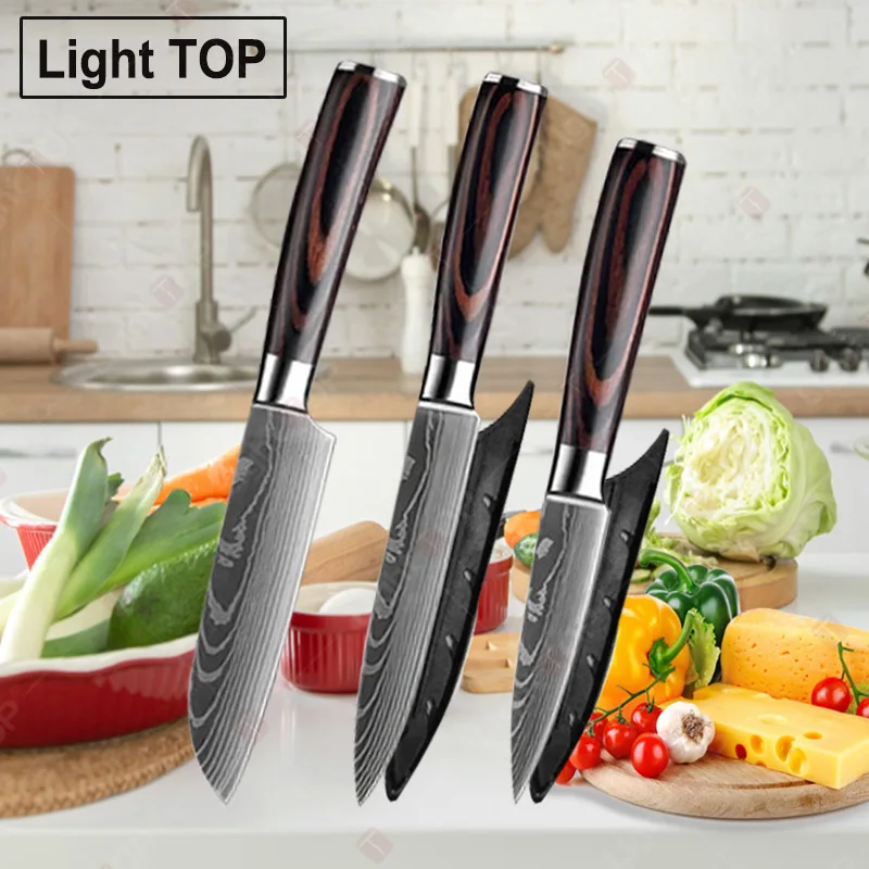 1~3 Pcs Kitchen Knives Laser Damascus Japanese Santoku Cleaver Slicing Utility Chef Knife Wooden Handle Kitchen Accessories