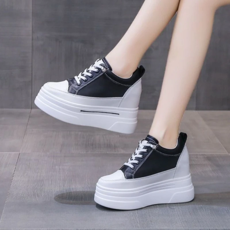 2024 New Women White Sneakers Genuine Leather Slip On Hidden Wedge Shoes 8cm Thick Sole Platform Loafers Casual Spring Autumn
