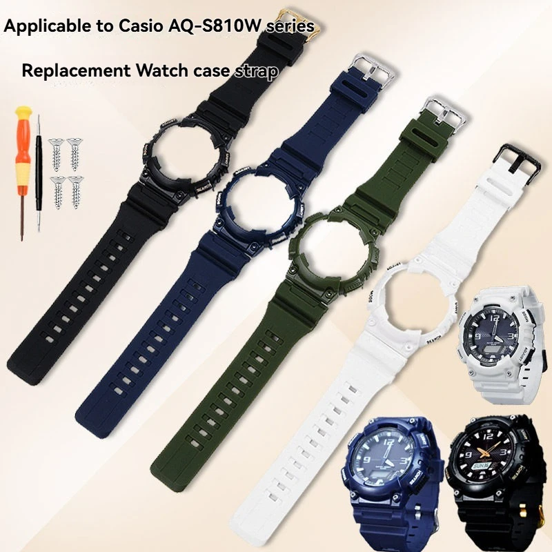 Replacement Resin Silicone Watch Strap And Watch Case Accessories For Casio AQ-S810W Student Digital Watch Parts