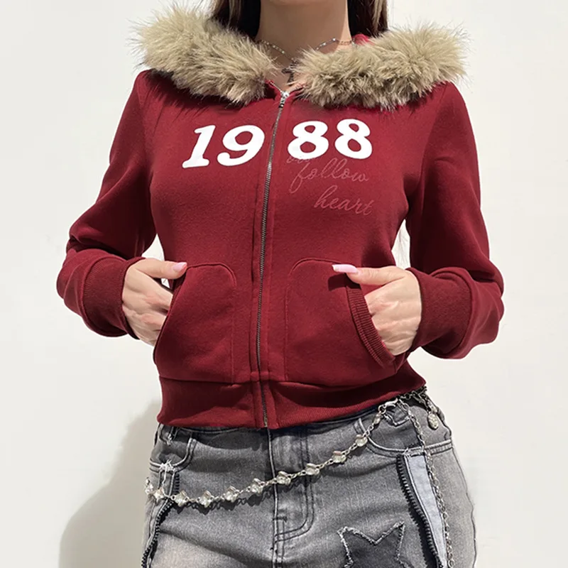 

Europe and the United States street style digital printed fur collar patchwork hoodie women's retro pocket zipper coat top