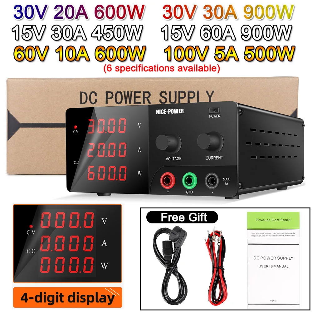 

900W Bench Power Supply 30V 30A 20A 12V 50A Switching Lab Voltage Stabilizer High-power Adjustable Regulator Source Factory Test