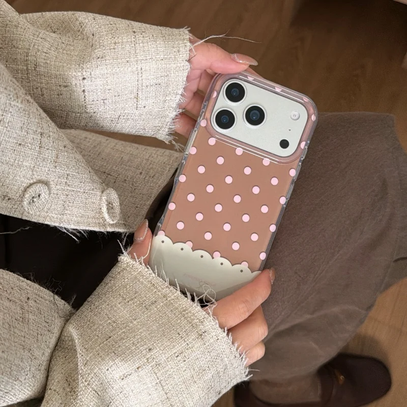Dustproof Stitching Pink-Brown IMD Phone Case for iPhone 17, 16, 15, 14, 13, Pro, Promax