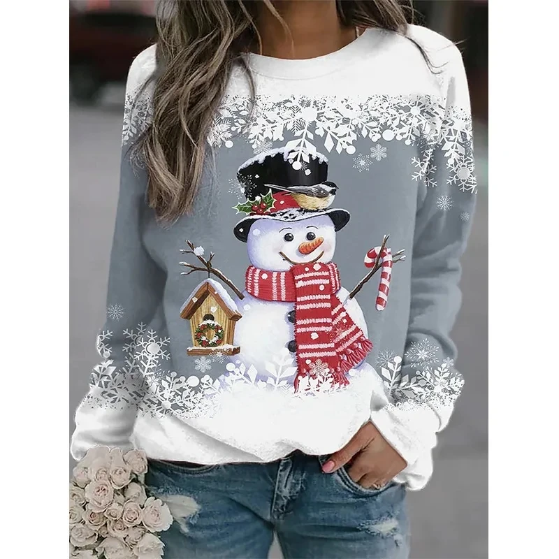 Christmas Women\'s T-Shirt Fashion Santa Claus Snowman Print Ing O-Neck Long Sleeve Tops Elegant Sweatshirts Festival Pullover