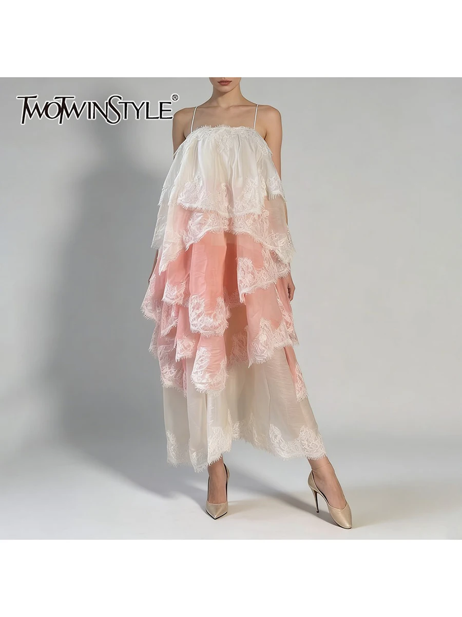 

TWOTWINSTYLE хитового цвета, свободные кружевные элегантные платья для женщин, женское платье без рукавов с квадратным вырезом и оборками в стиле пэчворк